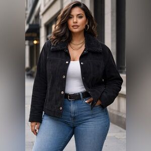 Chico’s Black Suede Leather Jacket with Faux Fur Collar – Size 3 (L-XL)